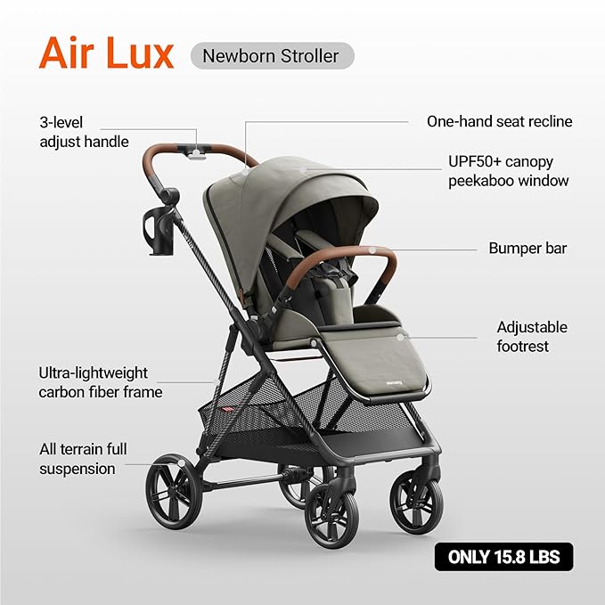 MAMAZING Air Lux Baby Stroller, Carbon Fiber Frame Only 15.8lbs, Compact Fold Toddler Stroller with Reversible All-Season Seat, Included UPF 50+ Canopy, Large Storage Basket, Magnetic Buckle Harness