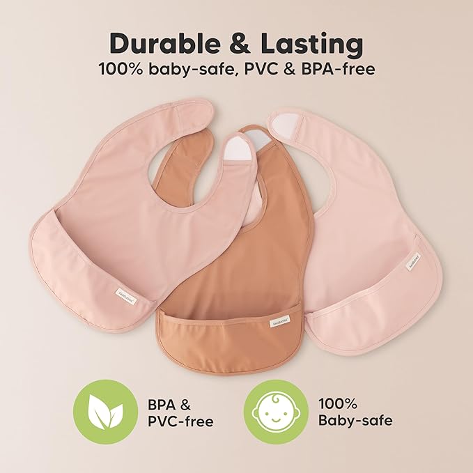 KeaBabies 3-Pack Waterproof Baby Bibs for Eating - Lightweight Toddler Feeding Bibs with Large Food Catcher, Mess Proof, Food-Grade Baby Eating Essentials, Easy to Put On & Clean (Mellow)