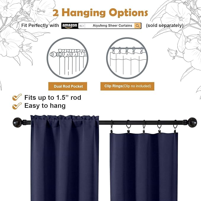 Aiyufeng Navy Blue Blackout Curtains for Bedroom 84 Inch Length 2 Panels Set, Solid Thermal Insulated Privacy Living Room Window Treatment Curtains Blackout Drapes, W40 x L84 Inch, Navy Blue