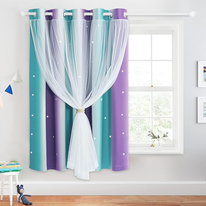 NICETOWN Star Ombre Rainbow Blackout Curtains for Kid Girls Bedroom Living Room Decor Darkening Grommet Stripe Gradient Window Curtain for Sliding Glass Door (Teal Purple, 70" W x 63" L, 1 Panel)