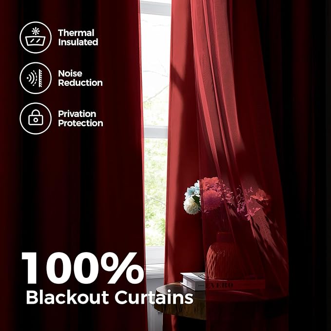 100% Blackout Curtains for Bedroom, Double Layer Red Curtains, Black Out Curtain 96 inch Long with Sheer Overlay for Living Room, Room Darkening Window Drapes with Grommet, 52" W x 96" L