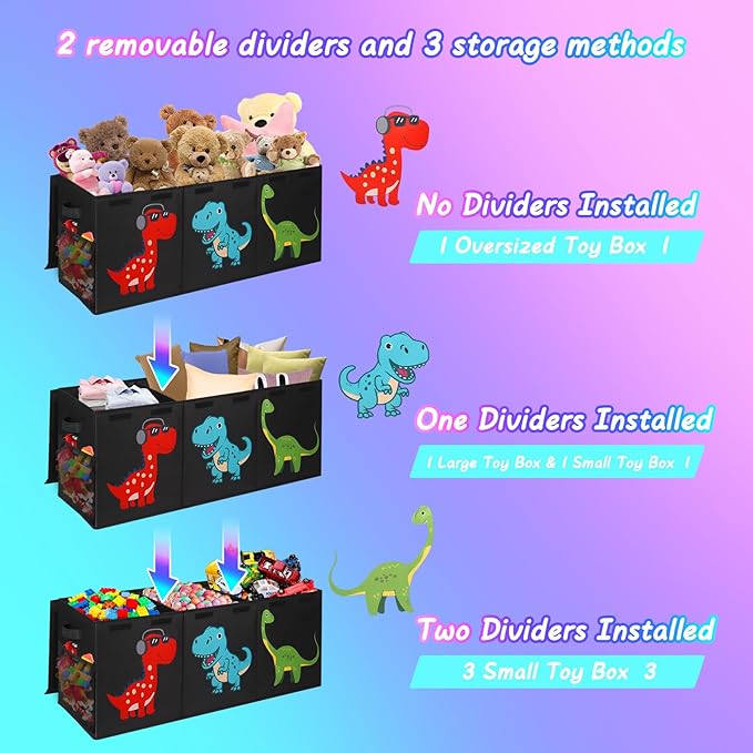 Extra Large Toy Box, Collapsible Sturdy Toy Storage Organizer with Lids, Dinosaur Toy Box for Boys Girls, 40"x16"x16" Kids Toy Chest Bin Baskets for Living Room, Playroom, Bedroom, Nursery, Black