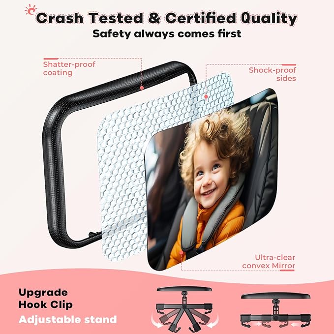 Baby Car Mirror for Car Seat Safely Mirror Hook Clip Design for Rear Facing Infant Newborn 360° Rotation Baby Backseat Mirror with Wide Clear View, Shatterproof, Easy Install Baby Essentials