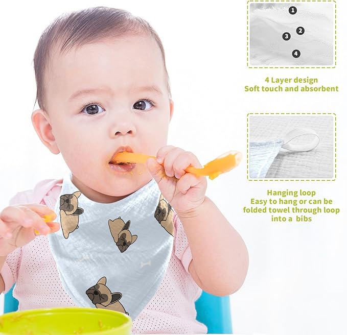 vvfelixl Baby Muslin Washcloths Cute French Bulldog Sleeping Baby Burp Cloths Cotton Baby Face Towel for Newborn Infants Boys Girls Soft and Absorbent 11.8 X 11.8 in, 3 Pack