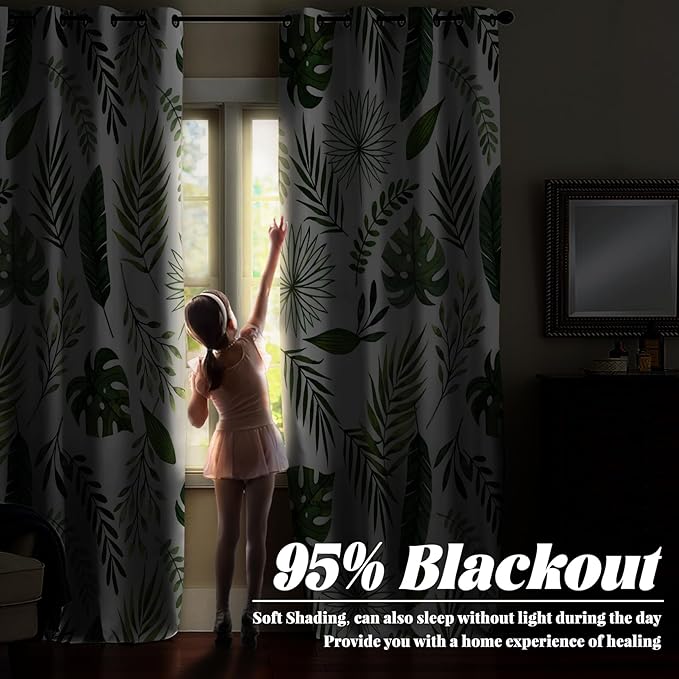 Renaiss Green Leaf Blackout Curtains, Tropical Safari Plants Patterned Thermal Insulated Bedroom Window Curtains, Eucalyptus Botanical Window Drapes for Living Room, 96" L x 53" W 2 Panel Set