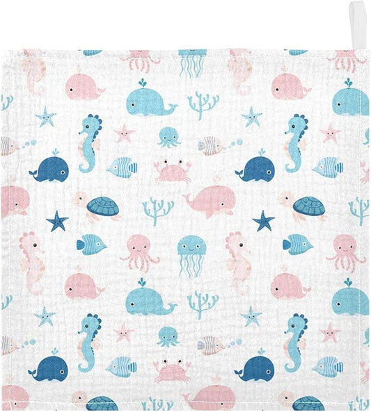 vvfelixl Baby Muslin Washcloths, Cute Sea Life Burp Cloths, Cotton Face Towel for Newborn Infants Boys Girls Soft and Absorbent 11.8 X 11.8 in, 3 Pack