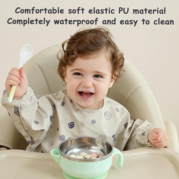 PewinGo Baby Bib with Long Sleeves Bib & BLW, Machine Washable & Soft and Skin-Friendly Material, Coverall Bibs for Baby Feeding, Waterproof and Easy to Clean, for Baby Infant Toddlers (Beige)