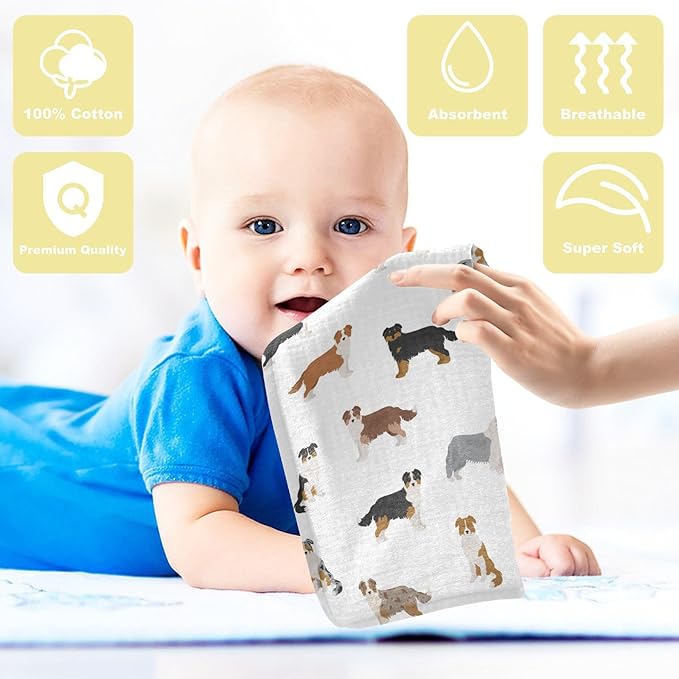 vvfelixl Baby Cotton Washcloths Australian Shepherd Dog Infants Bath Towel for Unisex Face Towels for Newborn, Natural Baby Wipes Delicate Skin, 11.8 X 11.8 inch, one sizex5