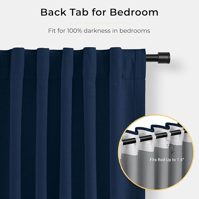 INOVADAY 100% Blackout Curtains for Bedroom, Black Out Curtains 84 Inch Long, Clip Rings Linen Blackout Drapes, Thermal Insulated Room Darkening for Living Room, 1 Panel - Midnight Blue,W102xL84