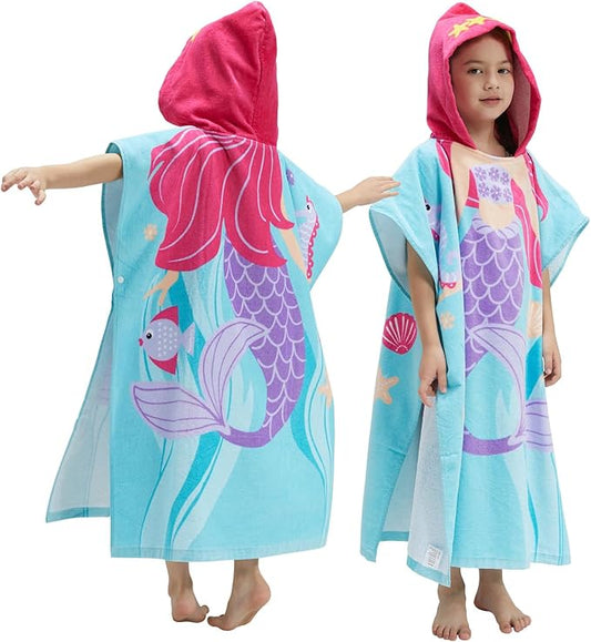 BANGSAUR Kids Hooded Towel Bath Beach Soft Cotton Towels Girls Absorbent Pool Wrap with Hood Baby Toddler Poncho Robe(Purple Mermaid,5-9Years/Height:43"-51")