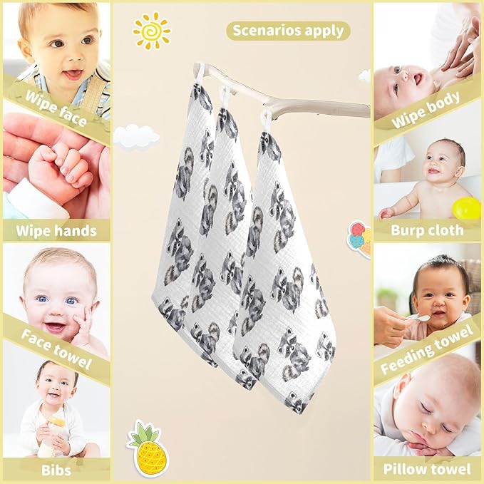 vvfelixl Little Raccoon Baby Burp Cloths Baby Muslin Washcloths for Boys Girls Cotton Babys Face Towel for Newborn Infants Soft and Absorbent 11.8 X 11.8 in, 5 Pack