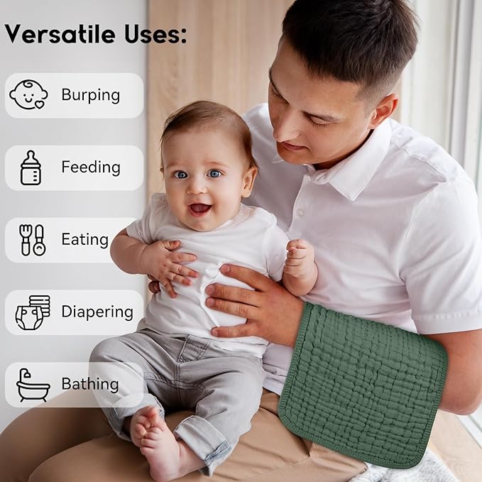 Unnivoll Muslin Burp Cloths for Baby 100% Cotton Burping Cloths for Boys Girls Large 20"X10" Extra Soft and Absorbent 5 Pack - Gradient Green