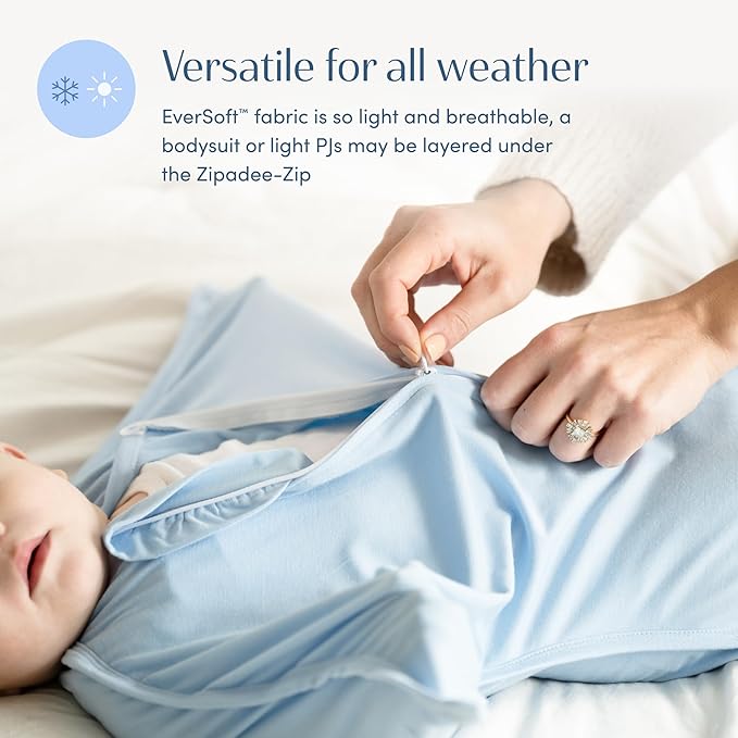 SleepingBaby Bamboo Zipadee-Zip Transition Swaddle – EverSoft Wearable Blanket with Two-Way Zipper for Easy Diaper Changes, Medium 6-12 months, Sky Blue