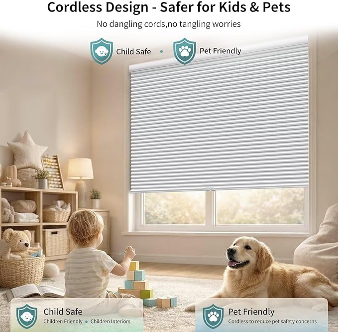 MYshade Cordless Blackout Cellular Shades for Windows, Honeycomb Window Shades with Thermal Insulation, Child & Pet Safe Room Darkening Shade, Easy Install,27.5" W x 72" H, White