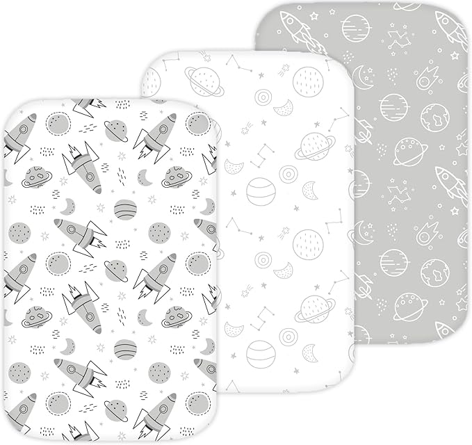 Bassinet Sheets for Papablic, CoZee, Cowiewie, Ezebaby, Nawahev Baby Bassinet Bedside Sleeper by TansyPanda, 3PC, 33x20, Ultra Soft, Breathable Snug Fit, Unisex Boys Girls, Gray White (Space Rockets)
