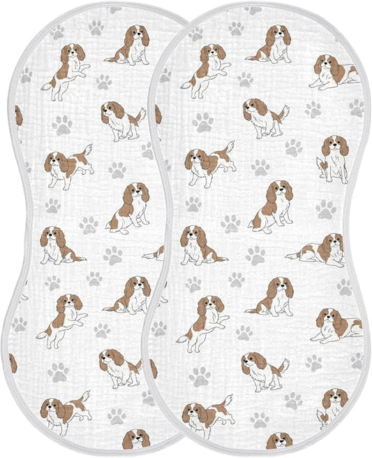 Qinllo 2 Pack Muslin Burp Cloths Cavalier Dogs Paw White Cotton Baby Burp Cloths Absorbent Burping Cloth Soft Spit Up Rags for Newborn Must Haves 22x11 Inch