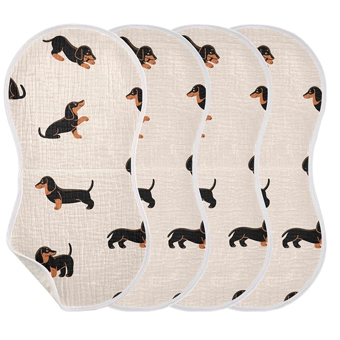 WELLDAY Muslin Baby Burp Cloths Set of 2, Soft Absorbent Cute Dogs Dachshunds Muslin Washcloths, Bibs, Face Towel for Newborn Boys Girls, 22 x 11 Inch