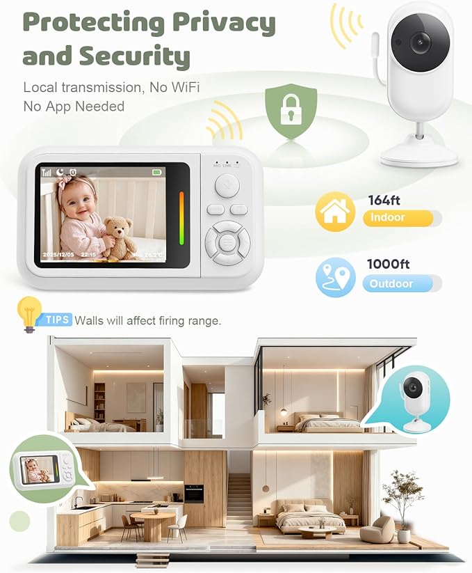 Baby Monitor No WiFi with Clip Mount, 2.8” Wireless Baby Monitor with Camera and Audio, 1080P Video, Night Vision, VOX, Temperature Sensor, 2-Way Audio, Lullabies