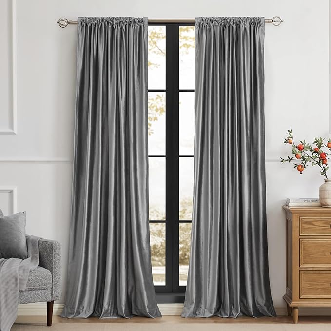 PRIMROSE Dark Grey Velvet Curtains 102 inch Long for Living Room,Set of 2 Panels Blackout Rod Pocket Back Tab Window Treatment Room Darkening Heavy Decorative Curtains Drapes for Bedroom