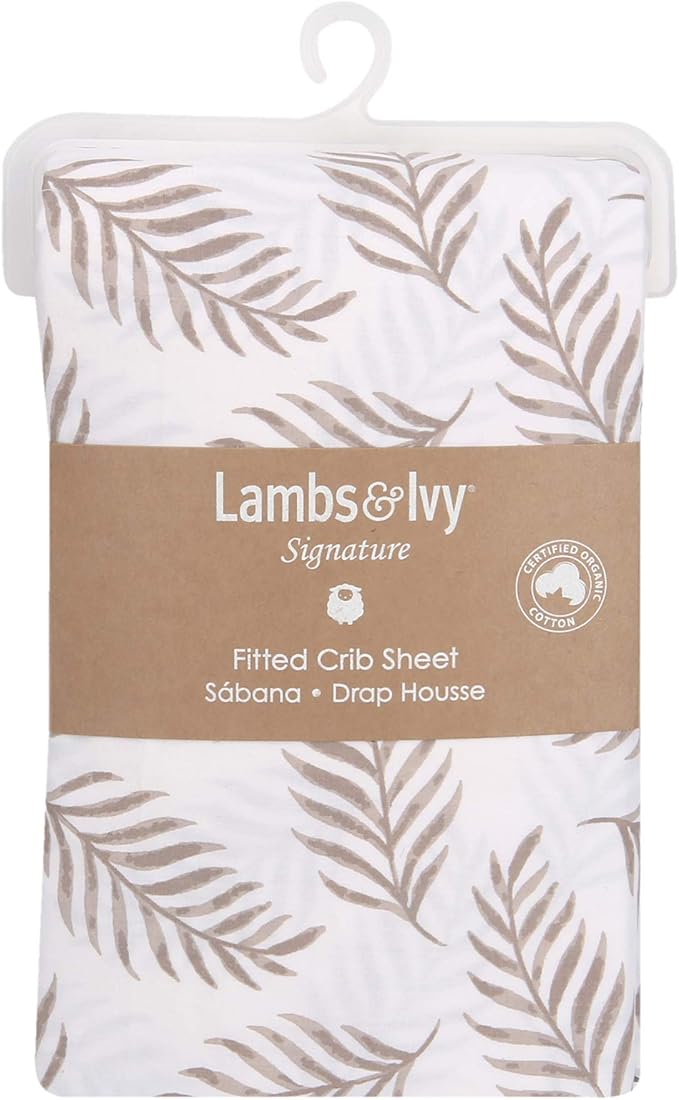 Lambs & Ivy Signature Taupe Leaves Print Organic Cotton Fitted Crib Sheet