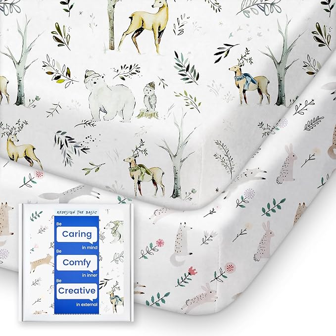TotBasic Ultra Soft Pack N Play Sheets - Fitted, Premium Jersey Knit, Stretchy Neutral, Woodland Mini Crib Sheets for Graco Pack and Play, 2 Pack (Deer&Rabbit)