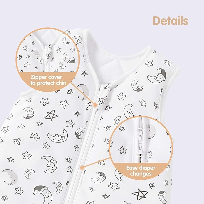 Mosebears Sleep Sack Baby Winter Wearable Blanket with 2-Way Zipper,2.5 TOG Cotton Sleep Sack Unisex (White Star, 18-24 Months)