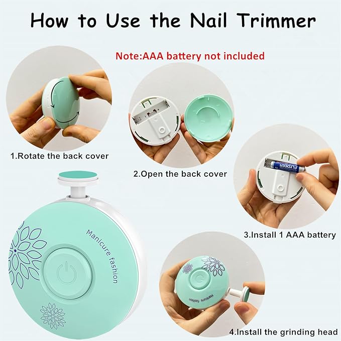 Baby Nail Trimmer Electric Baby Nail File, Baby Nail Clippers, 6 Grinding Heads, Safe Easy Quiet Baby Nail Grooming Care Kit for Newborn Infant Toddler Adult Battery Operated (Not Included)