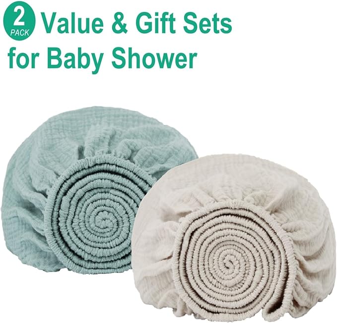 PET REJOIR Muslin Mini Crib Sheets for Girls & Boys-2 Pack 24"x 38" Soft Baby Mattress Sheets Fitted-No Slip Neutral Toddler Cotton Bedding-Boho Nursery Décor Sage Green & Beige