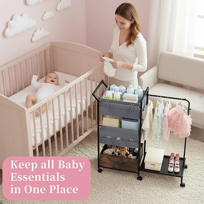 Baby Diaper Caddy Organizer - 3 Tier Rolling Cart with Kids Clothing Rack, Mobile Utility Cart with Dividers and Drawers, Large Capacity Storage Cart for Bedroom, Bathroom, Grey Carts with Wheels