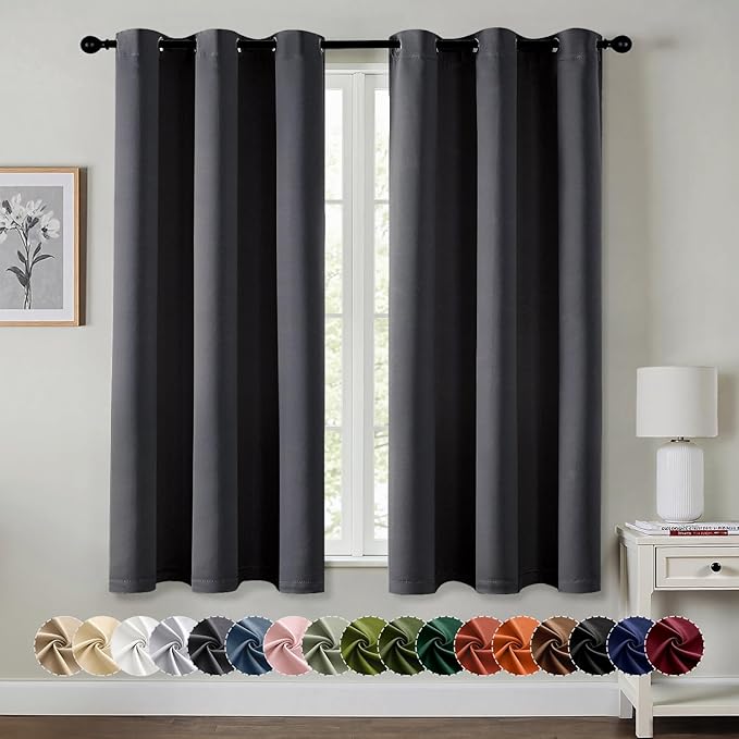 MIULEE Grey Blackout Curtains for Bedroom Living Room 63 Inches Long 2 Panels, Thermal Insulated Room Darkening Drapes Solid Grommet Top Noise Reduction Light Blocking Window Treatments 40x63 Inch
