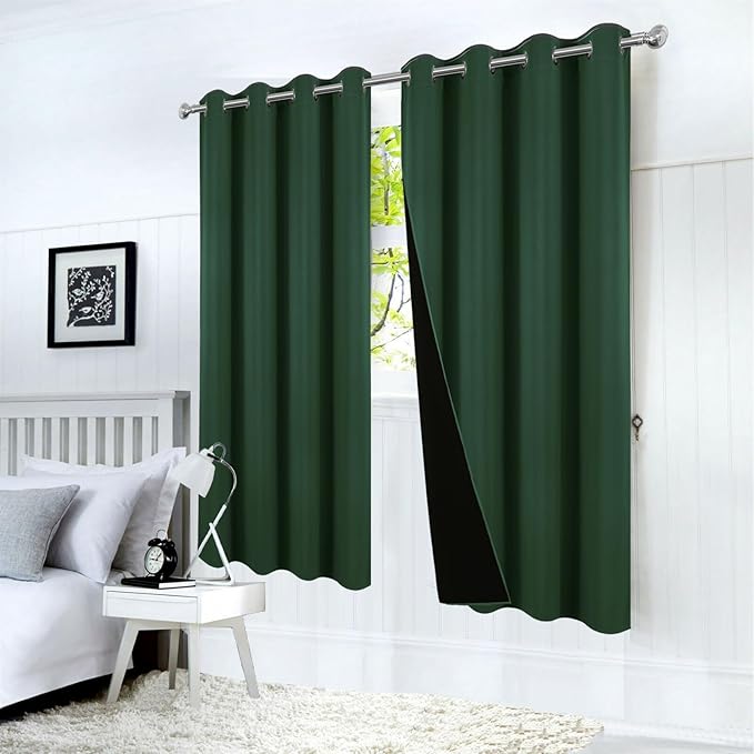 LEMOMO 100% Blackout Curtains 52 x 63 Inch Green Curtains 2 Panels Darkening Thermal Insulated Bedroom Curtains