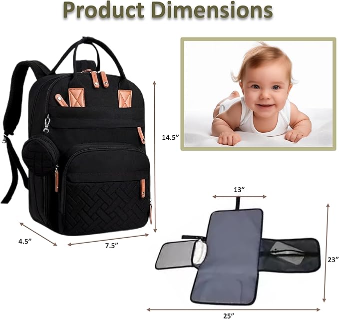 Baby Diaper Bag Backpack - Large Sturdy Bag for Boys & Girls, Changing Pad & Pacifier Case, Large Capacity, Insulated Pockets, Waterproof, Stroller Straps & Carry-on Straps, Unisex - Black