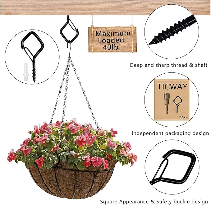 80 Pcs Outdoor Hooks for String Lights,Screw Hooks for Hanging Plants,Ceiling Hooks with Safety Buckle,Square Hanger for Wind Chimes,Bird Feeder,Lanterns,Christmas Decorations Black