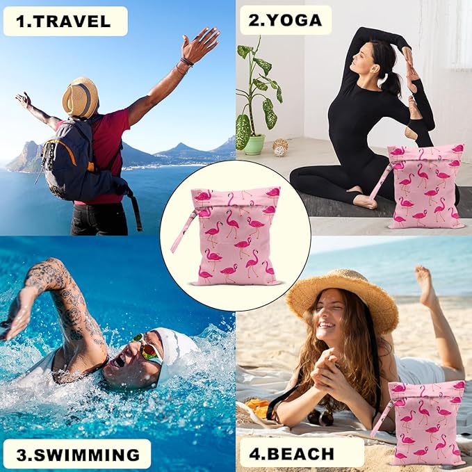 Pink Flamingo Wet Bags 12x10 Inch, Flamingos Seamless Pattern Waterproof Travel Laundry Bags, Reusable Wet Dry Bag for Swimsuit Pool Beach Diapers Dirty Yoga Gym Clothes, Flamingo Gifts for Women