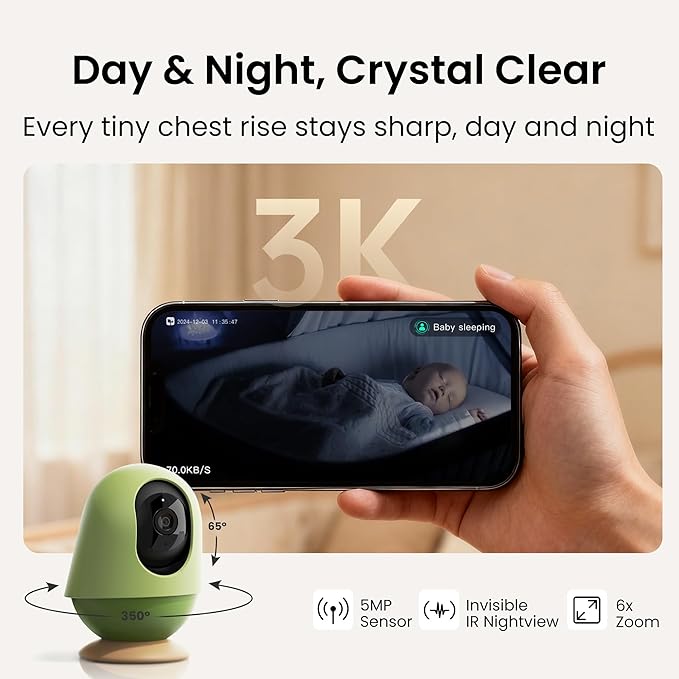 Monai Baby Monitor with Camera and Audio, 3K UHD, 6X Zoom, WiFi Video Monitor for Room or Travel, Pan 350° Tilt 65°, AI Cry Detection, Virtual Fence, Face-Cover Alerts, Sleep Monitoring, Night Vision