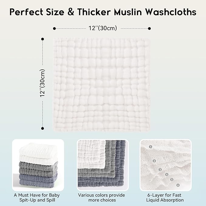 Unnivoll Muslin Baby Washcloths 6 Pack, 100% Cotton Wash Cloths for Babies, Large 12''X12'' Burp Cloths Absorbent and Soft for Newborn Infants Kids Boys Girls - White Gray