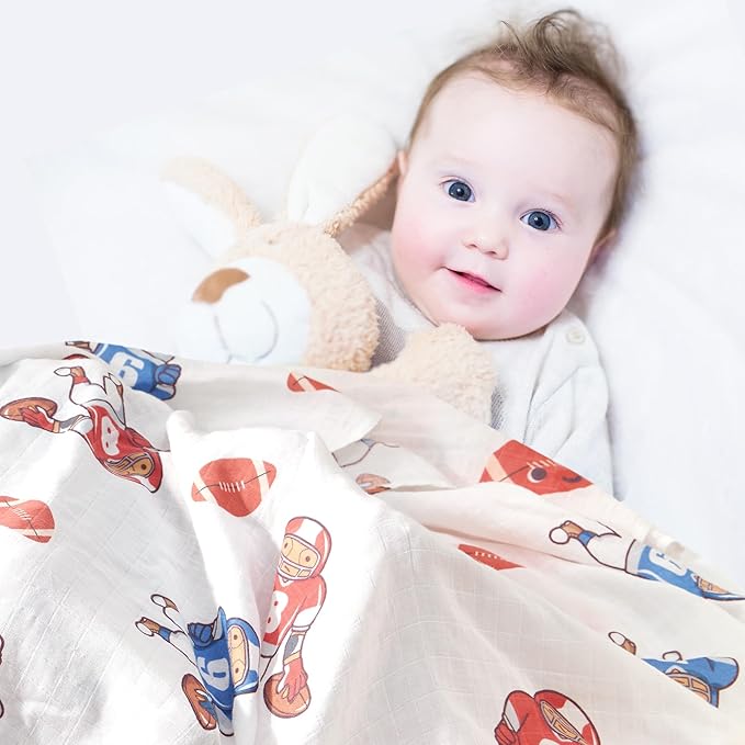 70% Rayon Made from Bamboo 30% Cotton Muslin Swaddle Blanket, 47 x 47 Inches, Basketball Print Baby Receiving Blanket, Soft and Breathable, Unisex, 4 Pack