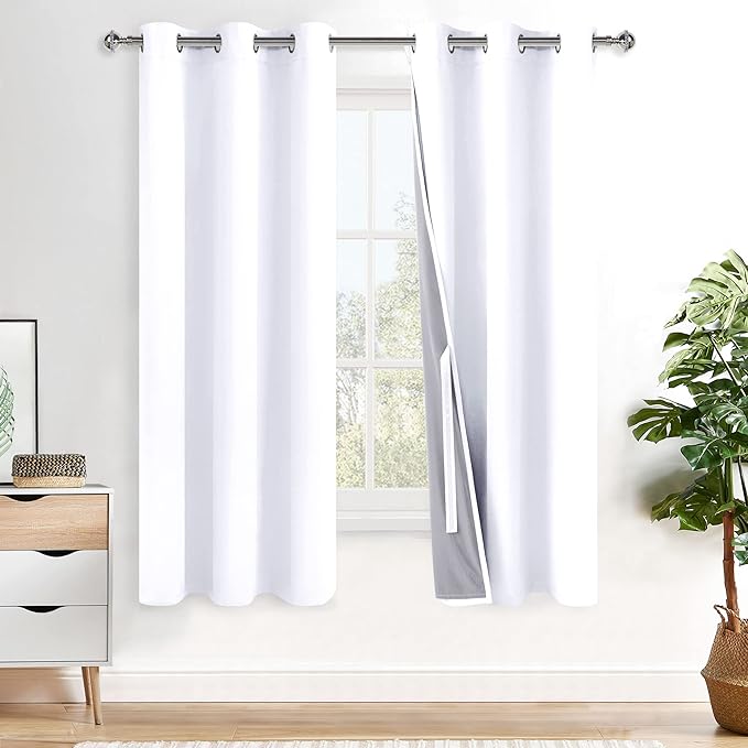 XWZO 100% Blackout Curtain Panels - Thermal Insulated Black Liner Curtains, Noise Reducing and Heat Blocking Drapes for Hall and Studio Windows with Tiebacks, White, W42 x L72, Set of 2