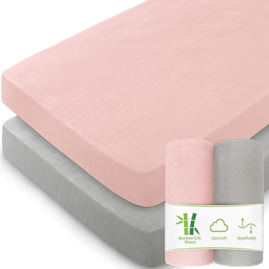 Muslin Crib Sheets for Boys and Girls 2 Pack, Ultra Soft Muslin Fitted Baby Crib Sheet for Standard Crib Mattress & Toddler Bed Mattress, Grey and Pink