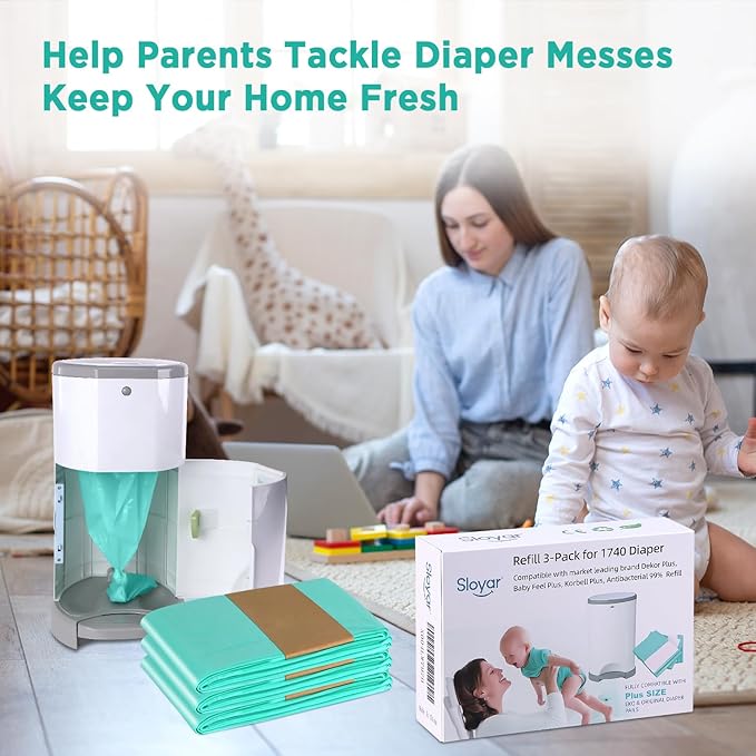 Sloyar Refills Compatible with DEKOR CLASSIC Diaper Pails/3 Pack/30% Thicker Design/Suitable for Seniors and Infants/Baby Powder Fragrance/Holds up to 1740 Diapers