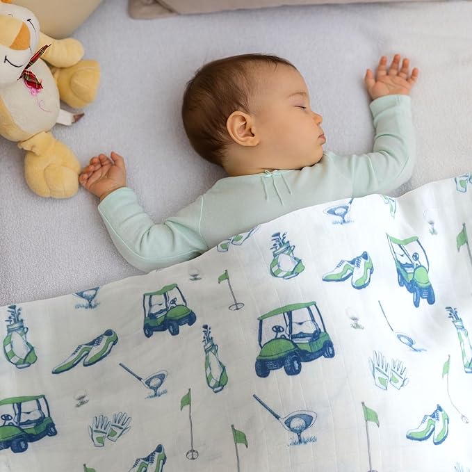 LifeTree Baby Swaddle Blankets, Boys Girls Muslin Swaddling Wrap Receiving Blanket for Newborn, 70% Viscose from Bamboo and 30% Cotton, Large 47" x 47", Golf Pattern Blanket