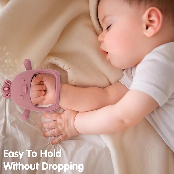 Baby Teether Toy for Infants 3–24 Months, Silicone Biting Toy with Handle, Textured Surface for Gum Soothing, Easy to Hold and Clean, Travel-Friendly Design (Chicken Dark Pink)