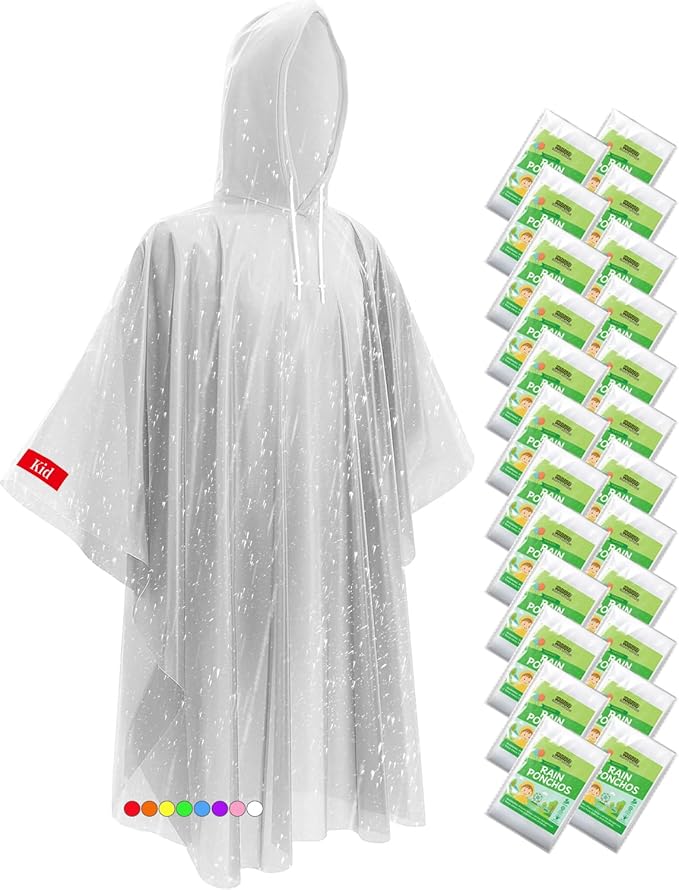 Hitituto Rain Ponchos Family Pack Kids– 6/12/24 Pack Disposable Poncho with Hood, Clear & Assorted Colors, Home Survival Kits