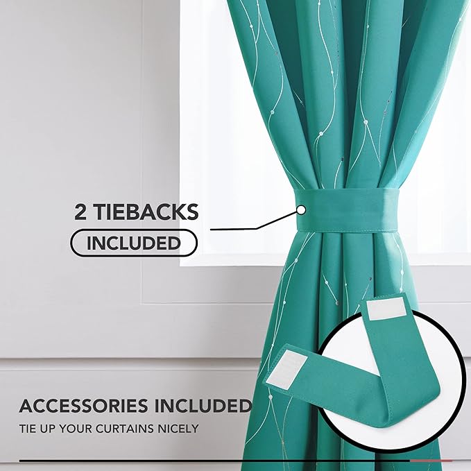 Deconovo Blackout Curtains, Thermal Insulated Soundproof Grommet Drapes, Wave Dots Silver Print, 52 x 45 Inch, Set of 2, Machine Washable Panels for Kitchen Bedroom Living Room Nursery, Turquoise