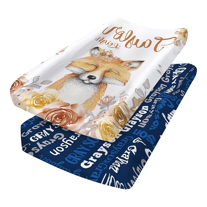 Custom Changing Pad Cover Set - Jersey Knit Ultra Soft Unisex Waterproof Diaper Changing Table Covers with Personalized Name for Baby Boys Girls - Comfy Cozy 2 Pcs Set Style05