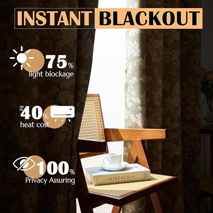 jinchan 75% Blackout Curtains for Bedroom, Green Scroll Leaf Patterned Curtains 96 inch Length for Living Room, Farmhouse Vintage Drapes, Thermal Insulated Window Treatments, Grommet 2 Panels Green