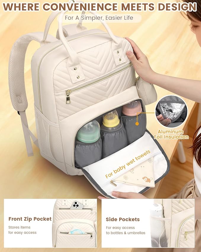 Diaper Bag Backpack,Baby Essentials Diapers Bag with Pacifier Case,Multipurpose Stylish Large Capacity Travel Backpack for Baby Girl/Boy(M-Beige)
