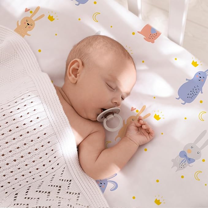 Little Grape Land Waterproof Crib Sheets for Boys Girls, Soft and Breathable Waterproof Baby Crib Sheets 52"x28", Crib Mattress Sheets Neutral for Standard Crib and Toddler Bed Mattress (Rabbit)