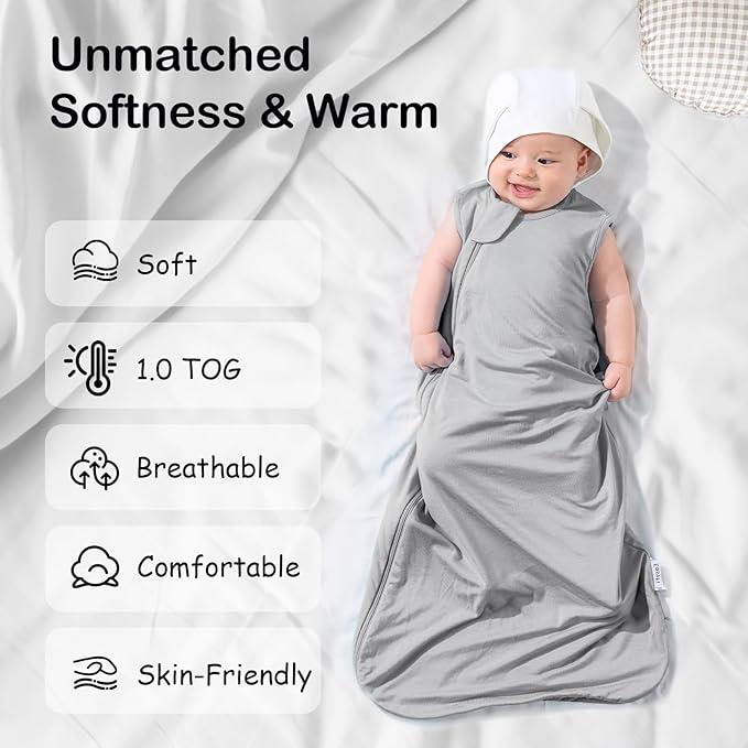 Supersoft Rayon Made from Bamboo Sleep Sack 12-18 Months 1.0 Tog Toddler Sleep Sack Baby Wearable Blanket with 2-Way Zipper Unisex Sleeping Bag for Babies All-year-around - Gray