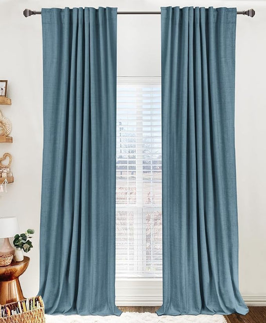 100% Blackout Shield Linen Blackout Curtains for Bedroom 90 Inches Long, Back Tab/Rod Pocket Living Room Drapes, Thermal Insulated Blackout Curtains 2 Panels Set, 50" W x 90" L, Stone Blue